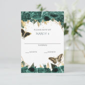 Emerald Green Gold Floral Butterflies Quinceanera RSVP Kaartje (Staand voorkant)