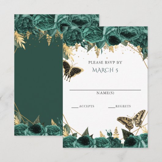 Emerald Green Gold Floral Butterflies Quinceanera RSVP Kaartje (Voorkant / Achterkant)