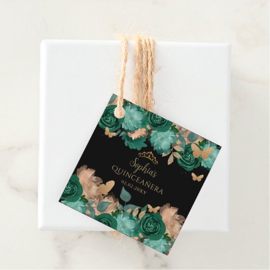 Emerald Green Gold Floral Butterfly Quinceañera Bedankjes Labels (In situ)