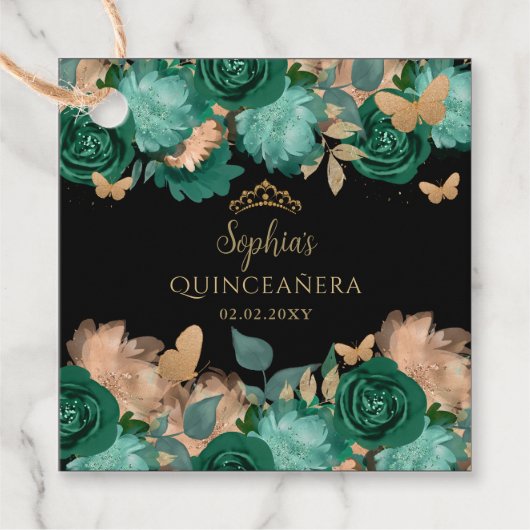 Emerald Green Gold Floral Butterfly Quinceañera Bedankjes Labels (Voorkant)