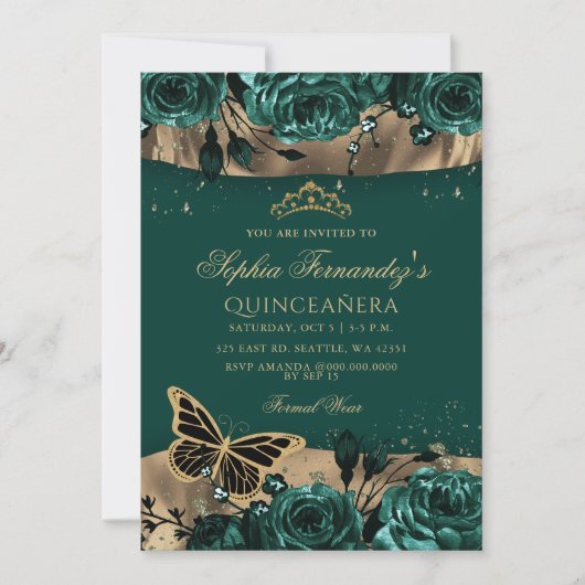 Emerald Green Gold Floral Butterfly Quinceañera Kaart (Voorkant)