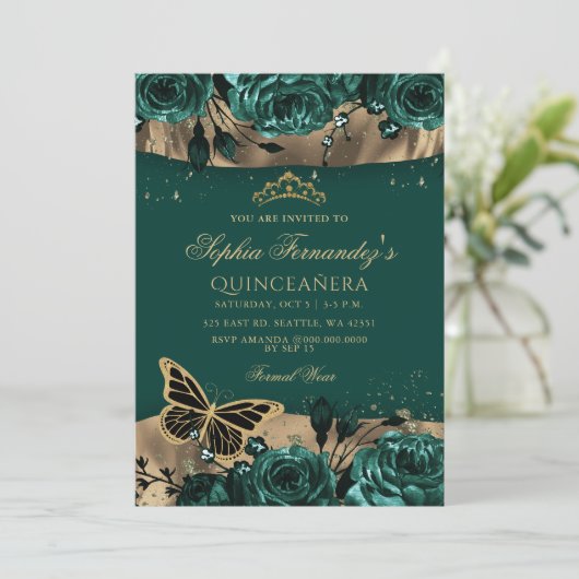 Emerald Green Gold Floral Butterfly Quinceañera Kaart (Staand voorkant)
