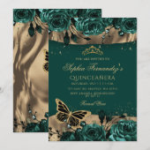 Emerald Green Gold Floral Butterfly Quinceañera Kaart (Voorkant / Achterkant)