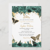 Emerald Green Gold Floral Butterfly Quinceañera Kaart (Voorkant)