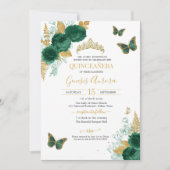Emerald Green & Gold Floral Butterfly Quinceañera Kaart (Voorkant)