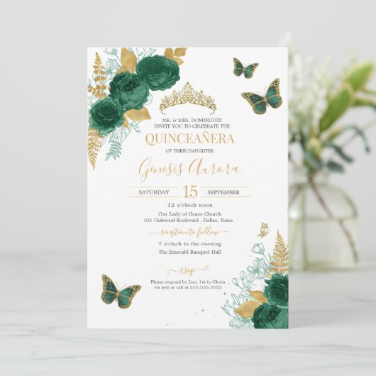 Emerald Green & Gold Floral Butterfly Quinceañera Kaart (Staand voorkant)