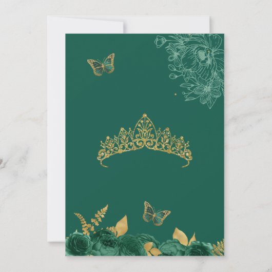 Emerald Green & Gold Floral Butterfly Quinceañera Kaart (Achterkant)