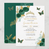 Emerald Green & Gold Floral Butterfly Quinceañera Kaart (Voorkant / Achterkant)