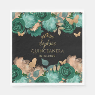 Emerald Green Gold Floral Butterfly Quinceañera Servet