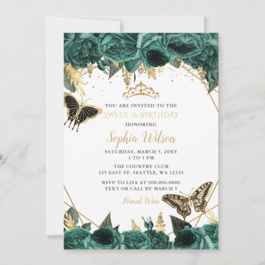 Emerald Green Gold Floral Butterfly SWEET 16 Kaart (Voorkant)
