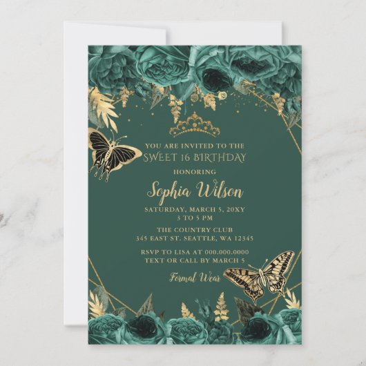 Emerald Green Gold Floral Butterfly Sweet 16 Kaart (Voorkant)