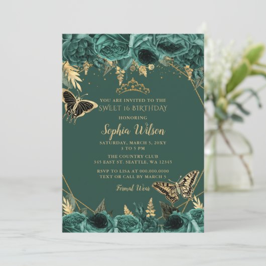 Emerald Green Gold Floral Butterfly Sweet 16 Kaart (Staand voorkant)