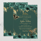 Emerald Green Gold Floral Butterfly Sweet 16 Kaart (Voorkant / Achterkant)