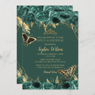 Emerald Green Gold Floral Butterfly Sweet 16 Kaart
