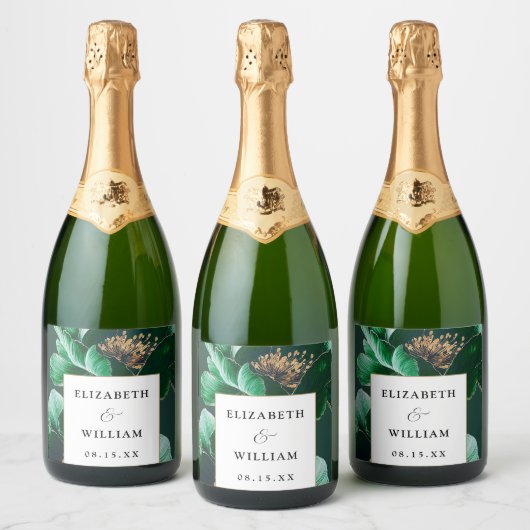Emerald Green Gold Floral Elegant Modern Wedding Sparkling Wijnetiket (Flessen)