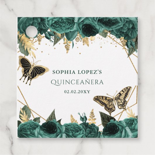 Emerald Green Gold Floral Elegant Quinceanera Bedankjes Labels (Voorkant)