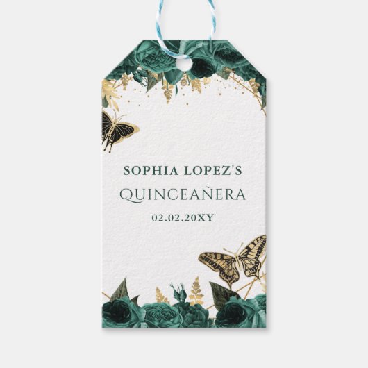 Emerald Green Gold Floral Elegant Quinceanera Cadeaulabel (Voorkant)