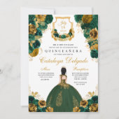 Emerald Green & Gold Floral Elegant Quinceañera Kaart (Voorkant)