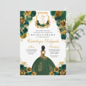 Emerald Green & Gold Floral Elegant Quinceañera Kaart (Staand voorkant)