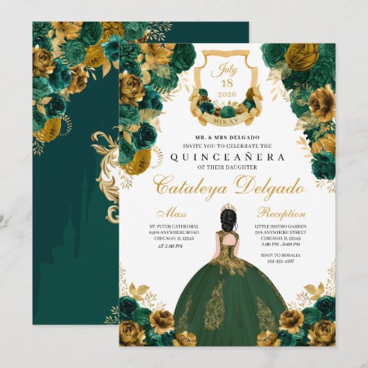 Emerald Green & Gold Floral Elegant Quinceañera Kaart (Voorkant / Achterkant)
