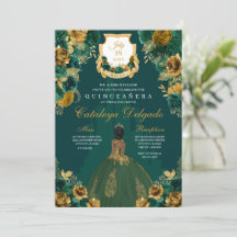 Emerald Green & Gold Floral Elegant Quinceañera