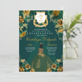 Emerald Green & Gold Floral Elegant Quinceañera Kaart