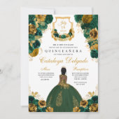 Emerald Green & Gold Floral Elegant Quinceañera Kaart (Voorkant)