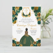 Emerald Green & Gold Floral Elegant Quinceañera Kaart (Staand voorkant)