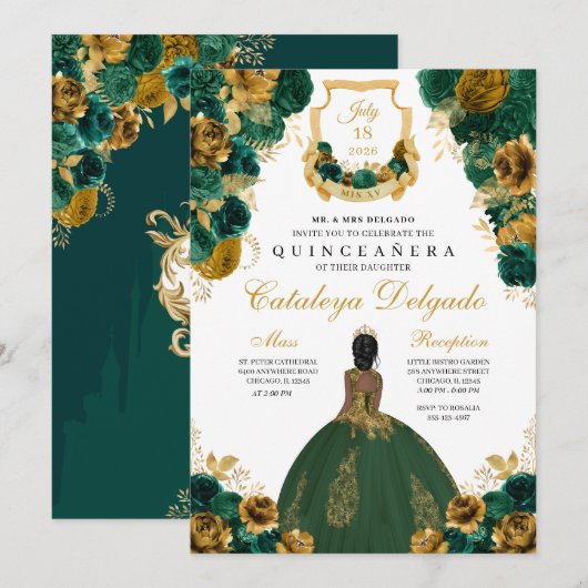 Emerald Green & Gold Floral Elegant Quinceañera Kaart (Voorkant / Achterkant)