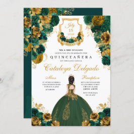 Emerald Green & Gold Floral Elegant Quinceañera Kaart