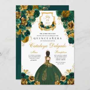 Emerald Green & Gold Floral Elegant Quinceañera Kaart