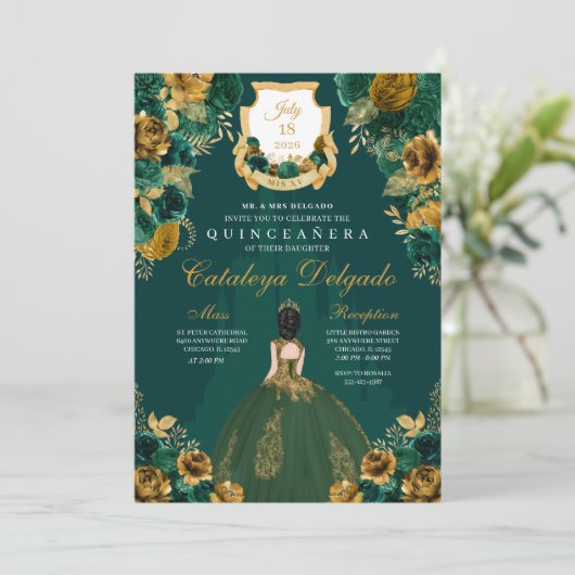 Emerald Green & Gold Floral Elegant Quinceañera Kaart (Staand voorkant)