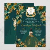 Emerald Green & Gold Floral Elegant Quinceañera Kaart (Voorkant / Achterkant)