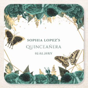 Emerald Green Gold Floral Elegant Quinceanera Kartonnen Onderzetters