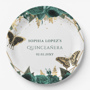 Emerald Green Gold Floral Elegant Quinceanera Papieren Bordje