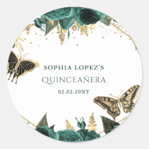 Emerald Green Gold Floral Elegant Quinceanera Ronde Sticker