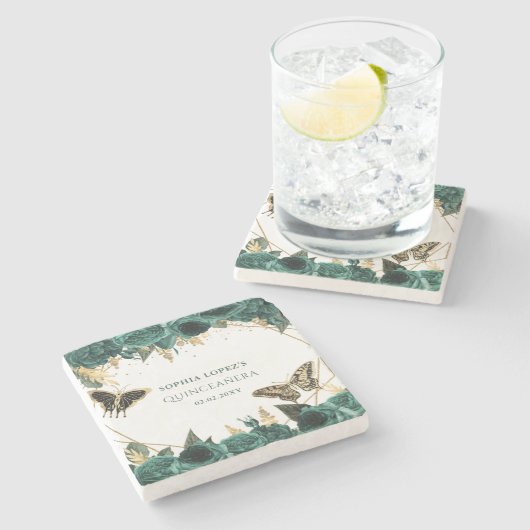 Emerald Green Gold Floral Elegant Quinceanera Stenen Onderzetter (Zijkant)