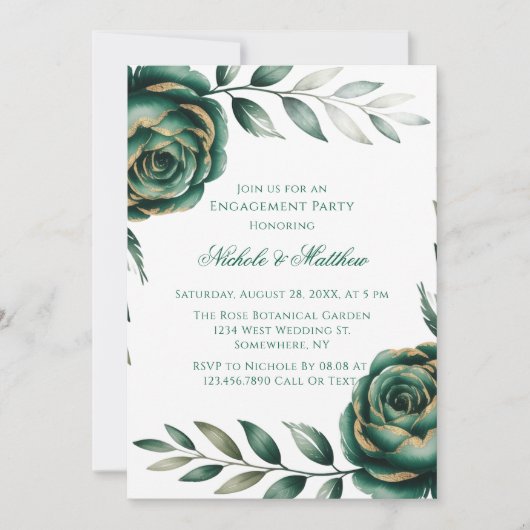 Emerald Green & Gold Floral Engagement Party Kaart (Voorkant)