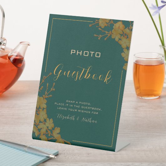Emerald Green & Gold Floral Foto Guestbook Reclamebord Met Voetstuk (Insitu)