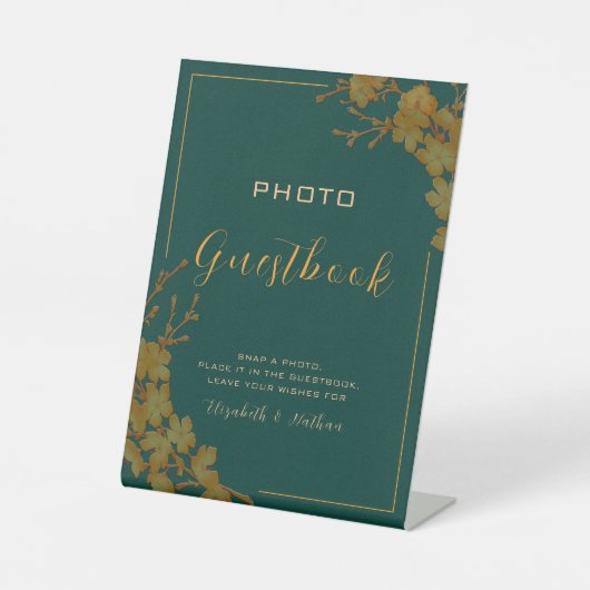 Emerald Green & Gold Floral Foto Guestbook Reclamebord Met Voetstuk (Voorkant)