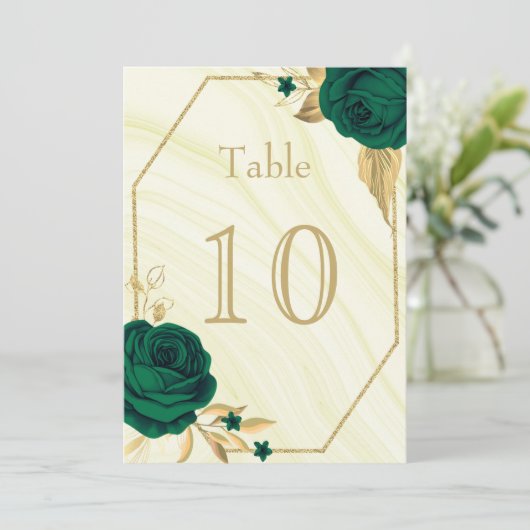 emerald green gold floral geometric table number kaart (Staand voorkant)