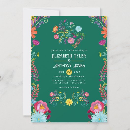 Emerald Green & Gold Floral Mexican Fiesta Wedding Kaart (Voorkant)