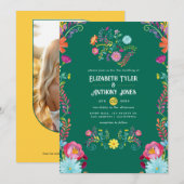 Emerald Green & Gold Floral Mexican Fiesta Wedding Kaart (Voorkant / Achterkant)