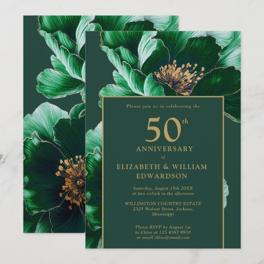 Emerald Green Gold Floral Modern 50e Jubileum Kaart (Voorkant / Achterkant)