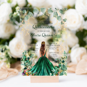 Emerald Green Gold Floral Princess Quinceanera Acryl Uitnodigingen