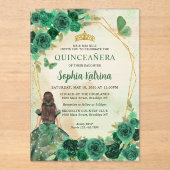 Emerald Green Gold Floral Princess Quinceañera Acryl Uitnodigingen (Voorkant)