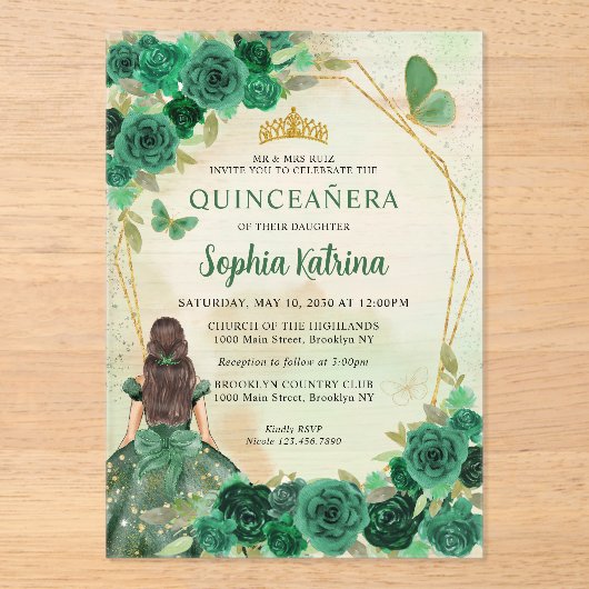 Emerald Green Gold Floral Princess Quinceañera Acryl Uitnodigingen (Voorkant)