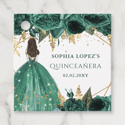 Emerald Green Gold Floral Princess Quinceanera Bedankjes Labels (Voorkant)