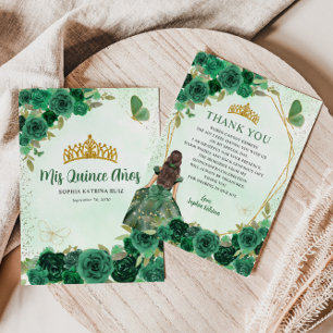 Emerald Green Gold Floral Princess Quinceañera Bedankkaart