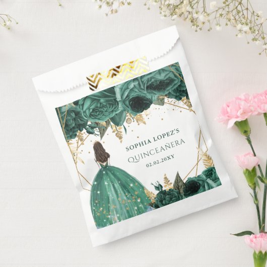 Emerald Green Gold Floral Princess Quinceanera Bedankzakje (Gezegeld)